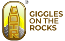 Logo of Giggles On The Rocks GOTR. Letters in a drink bottle.